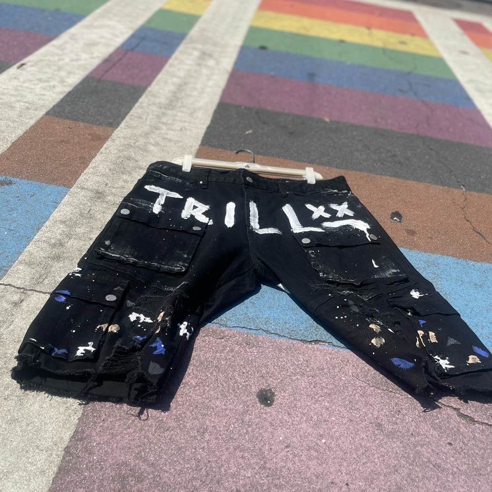 Black Paint Splatter “TRILL” Shorts